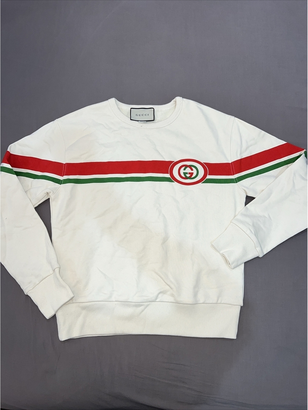 Gucci White Sweatshirt with Red and Green Stripe and Logo XS